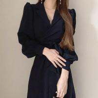 ✥○ 46228 Laced-Up Waist Slimmer Look Long-Sleeved Small Dress Little Black