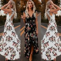 【YF】 Women Boho Backless Irregular Floral Printed Dress  Summer Deep V Trim Long Lace Maxi Dresses Open Back Party Vestidos