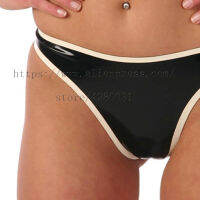 100 handmade latex T-back womens latex briefs in black with white trim color