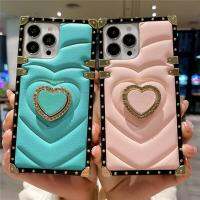 เคสหนังทรงสี่เหลี่ยมมีห่วงใส่หัวใจรัก2 3D สำหรับ Samsung Galaxy S23 S22 S21 Note 20 A23 A53 A33 A52 A72 A73 A12 34 13 Zflip 4 3