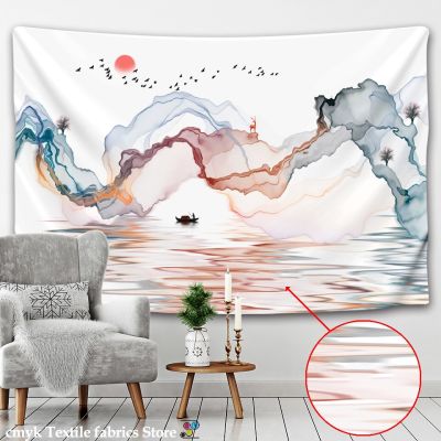 Chinese Ink Wash Landscape Painting Tapestry Wall Hanging Sunrise Colorful Bohemian Simple Studio Bedroom Background Decor