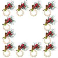 Christmas Pine Cones Napkin Rings Set Of 12,Berry and Pine Needles with Snow Xmax Napkin Holders for Decorations