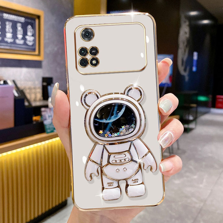 andyh-phone-case-for-xiaomi-poco-x4-pro-5g-6d-straight-edge-platingquicksand-astronauts-space-bracket-soft-luxury-high-quality-new-protection-design