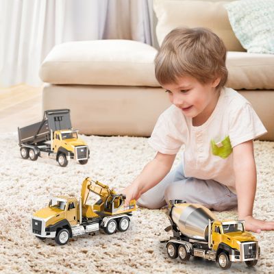 3 Pack of Diecast Engineering Construction Vehicles Dump Digger Mixer Truck 1/50 Scale Metal Model Cars Pull Back Car Kids Toys