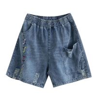 【มีไซส์ใหญ่】Plus Size M-3XL Womens Elastic Waist Denim Shorts Vintage Floral Embroidery Fashion Female Hot Shorts