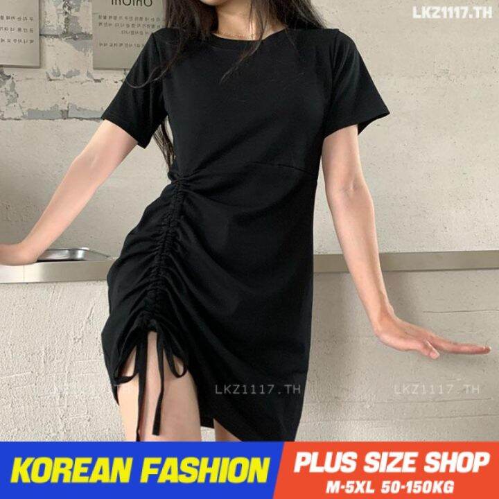 plus-size-เสื้อผ้าสาวอวบ-เดรสสาวอวบอ้วน-ไซส์ใหญ่-ผู้หญิง-เดรสเสื้อยืด-ทรงหลวม-แขนสั้น-คอกลม-เชือกรูด-สีดำ-ฤดูร้อน-สไตล์เกาหลีแฟชั่น