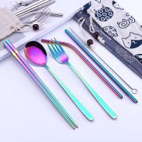 Portable Travel Dinneware Set 304 Stainless Steel Fork Scoop Chopsticks Straw Silverwar Set Rainbow Cutlery with Pouch Flatware Sets