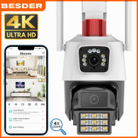 BESDER 8MP 4K WiFi กล้อง IP กลางแจ้งเลนส์คู่กล้องหน้าจอคู่ 4MP สี Night Vision ติดตามอัตโนมัติกันน้ำเฝ้าระวังไฟเตือนตำรวจกล้องวงจรปิดรักษาความปลอดภัย IP