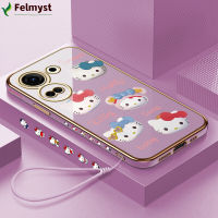 [ฟรีสายคล้อง] สำหรับ Tecno Camon 20 Tecno Camon 20 Pro เคสโทรศัพท์เซลล์การ์ตูน Hello Kitty น่ารักสำหรับเด็กผู้หญิงลวดลายขอบสี่เหลี่ยมเคสชุบเคสโทรศัพท์เคสโทรศัพท์นิ่มสุดหรูชุบ