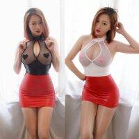 y Mesh PU Leather Patchwork Transparent Mini Dress Open Chest Hollow Out Pencil Cute Shapewear Dress Nightclub Wear