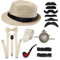 Halloween Cosplay Costume 1920s Mens Gangster Accessories Set Newsboy Party Top Hat Pipe Pocket Watch Strap Armbands Tie Bowtie