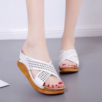 Mother slippers with soft bottom in 2023 summer thick bottom senile cool slippers Roman hollow out big yards for womens shoes