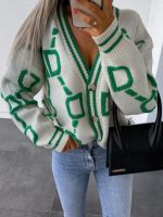 □ஐ 2023 Knitted Cardigan Fashion Sleeve Loose V-Neck Sweater Thick Warm Female Print