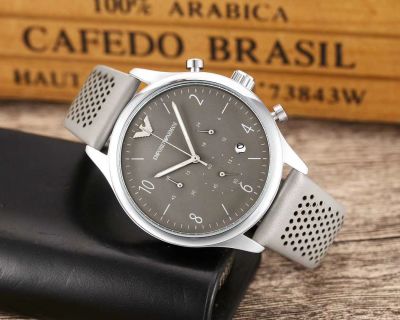 Armani นาฬิกาควอตซ์สำหรับผู้ชาย,นาฬิกาข้อมือระบบควอตซ์สายหนังคุณภาพสูงสำหรับผู้ชายหน้าปัดสีเงิน