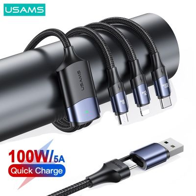 USAMS U71 100W 3 In 2 Fast Charging Data Cable For iPhone 14 13 12 Mini Pro Max MacBook iPad Air Pro Xiaomi OPPO Huawei Samsung Docks hargers Docks Ch