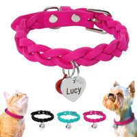 【CW】 Custom Dog Cat Collar Suede Leather Personalized Puppy Kitten Braided Collars With Bell Free Engraving ID Tag Nameplate Gift