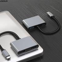 JQKSJH 4 in 1 อะแดปเตอร์ 4K ค่ะ Type-C เป็น HDMI คู่ แท่นวางอุปกรณ์ ฮับ USB C การขยายหน้าจอ