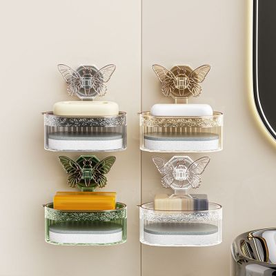 Luxury  Creative Butterfly Suction Cup Soap Box Storage Rack  Wall Mounted Double-layer Soap Dish In Household Toilet Can Drain Soap Dishes