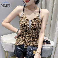 YIMEI เสื้อตาข่ายคอวี2023สำหรับฤดูร้อนอุตสาหกรรมหนักใหม่เสื้อกล้ามประดับเพชรร้อนแรงแฟชั่นหลังดอกไม้ติดปกเสื้อสายแขวนแบบกลวง