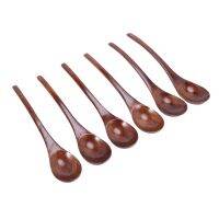 ✎﹍☸ Wooden Soup Spoons 6 Pieces 7.84 Inches Japanese Ramen Spoons Round Nanmu Wood Long Handle Kids Rice Dessert Dark Brown