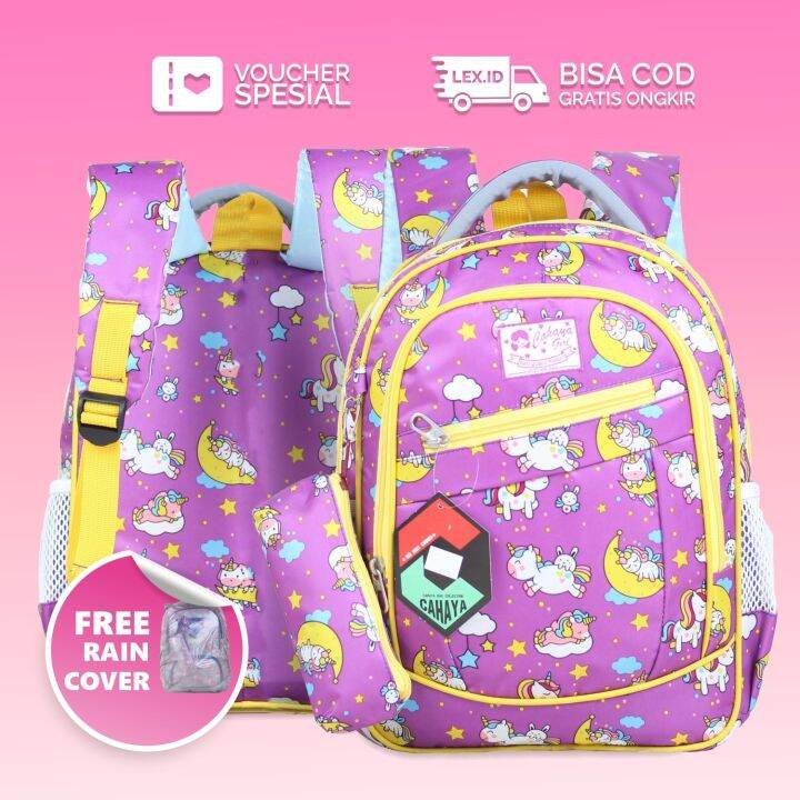 Tas Anak Perempuan Cahaya Unicorn Bulan Warna Pink Biru Bonus Tempat