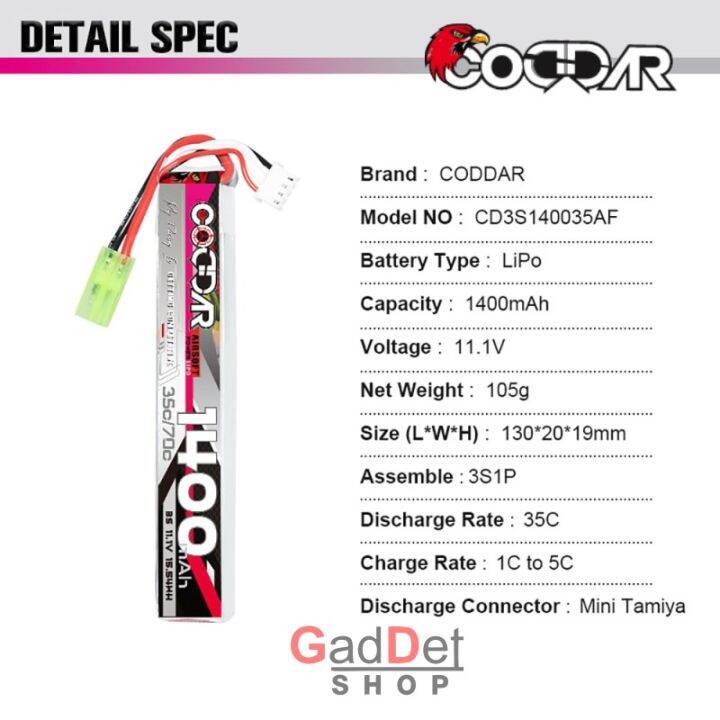 coddar-แบตเตอรี่-lipo-1400mah-35c-11-1v-ปลั๊กดีน-หรือ-ทามิย่า-เครื่องชาร์จแบตเตอรี่ลิโพ-และเช็คเซลล์แบต-ใส่บีบี-หน้าหรือพานท้าย