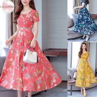 Women Summer Large Swing Dress Short Sleeves Round Neck Sweet Floral Printing Mid-length Skirts