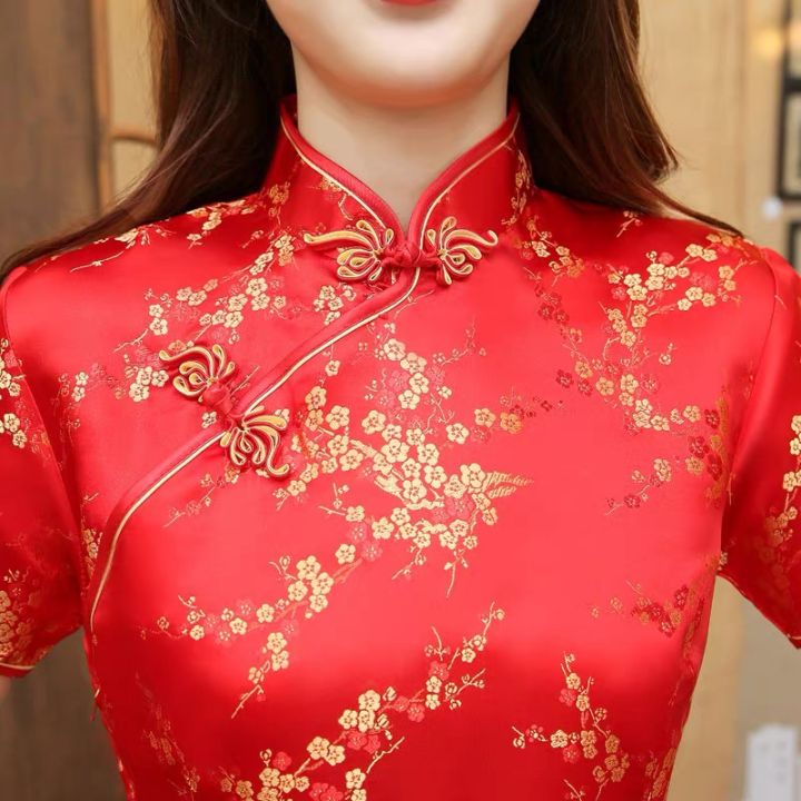 ส่งเร็วพิเศษ-chinese-traditional-costumes-high-fashion-red-satin-long-sleeved-cheongsam-retro-high-quality-womens-dress-cheongsam