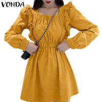 Vonda Women Korean Long Sleeve Square Collar Tunic Party Pleated Short Dress