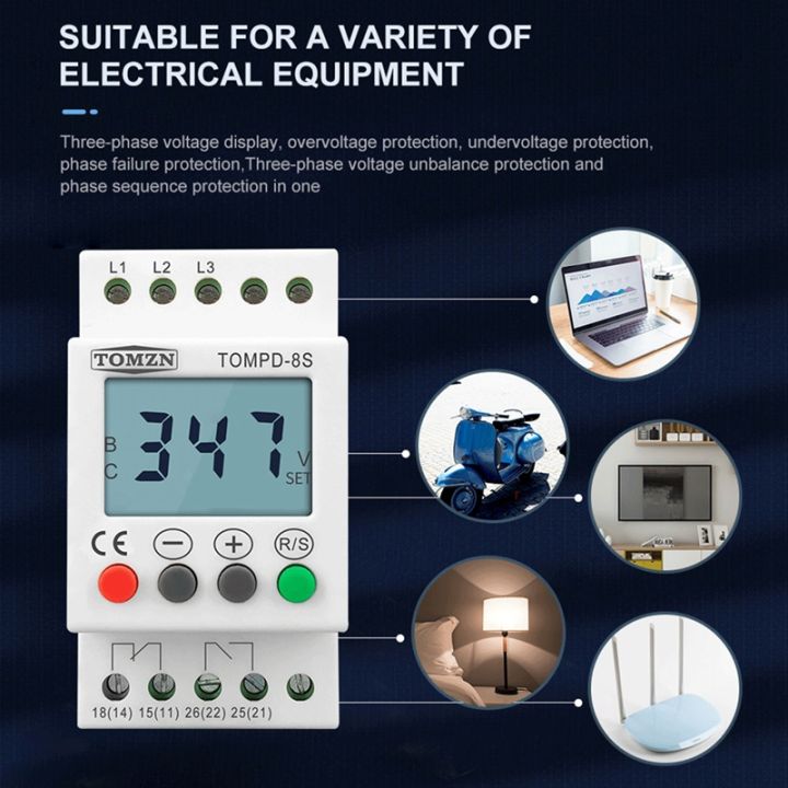 tomzn-3-phase-din-rail-voltage-relay-adjustable-under-over-voltage-protector-voltage-monitoring-protection-relay-tompd-8s