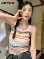 Xiaozhainv สลิงถักลายทางสีรุ้งสำหรับผู้หญิงเสื้อเอวลอยลำลองสไตล์เกาหลี