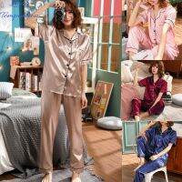 คนรักการ®ผู้หญิงเปิดเตียงปกปุ่มขึ้นเสื้อแขนสั้นกางเกง Loungewear ชุดนอน Set