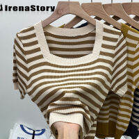 IRENASTORY เสื้อยืดสตรีเสื้อถักคอเว้าสี่เหลี่ยมลายทางแบบสั้นใหม่สำหรับฤดูร้อน