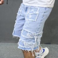 2023 Summer Men High Street Ripped Patch Denim Shorts Stylish Solid Casual Male Straight Jeans Shorts