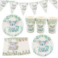 ✴◎▽ Koala Birthday Baby Shower Party Dinnerware Supplies 7 Paper Dessert Cake Plates 9oz Cups Triangle Pull Flag Banner and Napkin