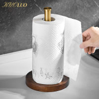 Modern Walnut Kitchen Roll Paper Holder Vertical Paper Towel Rack Shelf with Wooden Base Countertop Kitchen Metal Standing