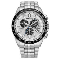 Citizen Eco-Drive A-T World Chrono Mens Watch Stainless Steel Silver Bracelet, Silver Dial