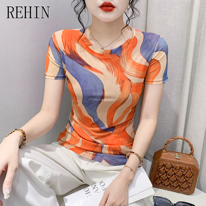 rehin-เสื้อยืดผู้หญิง-เสื้อยืดตาข่ายฤดูร้อนแฟชั่นใหม่พิมพ์ลายสีไม่ซ้ำใครเสื้อยืดคอกลมบางเฉียบสง่างามเสื้อกล้ามทันสมัย