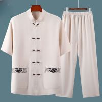 、’】【= Chinese Style Male Middle-Aged Elderly Cotton Tang Suit Retro Summer Morning Exercise Tai Chi Short-Sleeved Shirts Pants Set