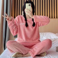 {Pajama queen} ชุดนอนฤดูหนาวฤดูใบไม้ร่วงสำหรับผู้หญิงนักเรียนน่ารักพลัสกำมะหยี่หนาชุดชุดนอนหลวมปะการัง Pakaian Rumahan