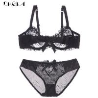 2023 Korean Fashion Embroidery Lingerie Set Women Bras C D Cup Plus Size Underwear Set Sexy Black Transparent Bra And Panties Sets Lace