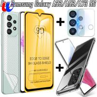 สำหรับ Samsung Galaxy A73 5G 4 In 1เคสกันตกใส + ฟิล์มนิรภัย9D + ฟิล์มเลนส์กล้อง + ฟิล์มคาร์บอนไฟเบอร์ด้านหลัง3D สำหรับ Samsung Galaxy A53 A33 5G ฟิล์มกันระเบิด9D ตัวป้องกันหน้าจอ