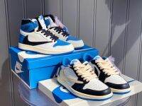 Hot Sale [Original] ΝΙΚΕ Fragmet- x Travs- Sc0t- x Ar- J0dn- 1 High O G Barb Classic Fashion Mens and Womens Basketball Shoes Blue, White and Black {Free Shipping}