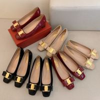 high quality original Ferraˉgamoˉ spring and autumn new one-step metal buckle square head thick heel low heel bow casual shallow mouth high heels summer new style womens shoes slippers for women slides outside wear sandals for women