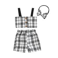 Baby Girls Three-piece Shorts Set Black White Plaid Pattern Tank Tops Wide Leg Shorts and Bow Knot Headdress  by Hs2023