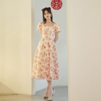 【Ready】? Toast dress autumn and winter bride wine red floral can usually wear engagement dress female home Hepburn style evening dress