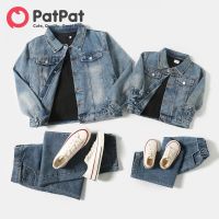 PatPat Family Matching Light Blue Lapel Button Down Long-Sleeve Distressed Denim Jacket For Mommy And Me (ต่อชิ้น)