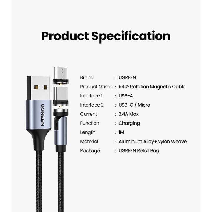 ugreen-สายชาร์จ-usb-แม่เหล็ก-หมุนได้-540-องศา-micro-usb-type-c-สําหรับชาร์จศัพท์