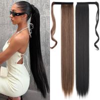 Synthetic 85CM Straight Wrap Around Ponytail Clip In Hair Extensions Natural Black Heat Resiatant Pony Hairpiece For Women