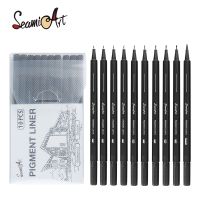 SeamiArt 10pcs Black Pigment Liner Needle Waterproof Drawing Pen For Sketch Watercolor Drawing Needle And Brush Tip